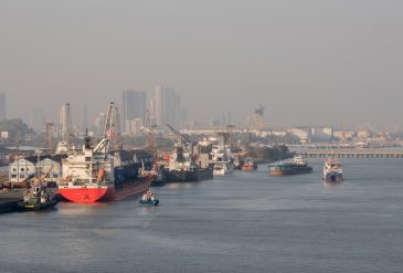Industrial cranes at sea port Mumbai.