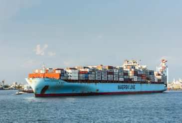 Close-up of container ship in the Port of Kaohsiung, Taiwan.