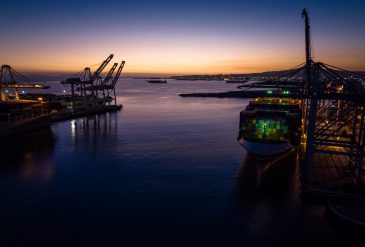 Docked Ships in the Port of Long Beach at Twilight
