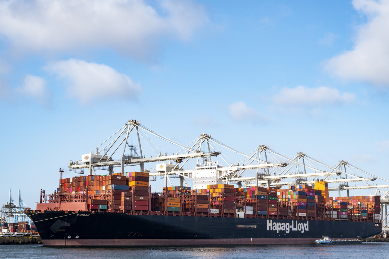 Container ship Barzan at the container terminal in the port of Rotterdam