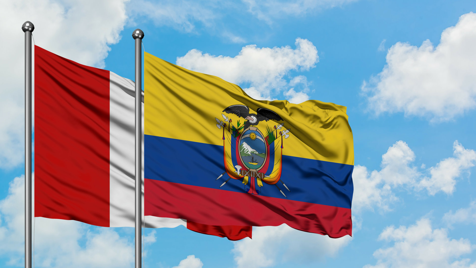Peru and Ecuador flag waving in the wind against white cloudy blue sky together. Diplomacy concept, international relations.